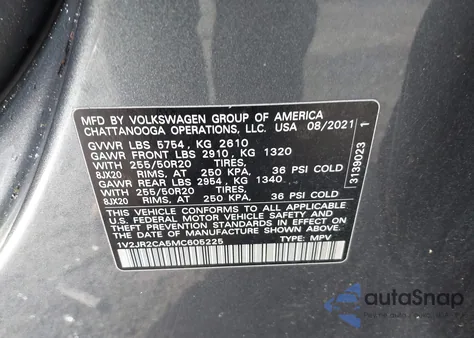 2021 Volkswagen Atlas 3.6L V6 Se W/Technology z USA, uszkodzony, nr VIN 1V2JR2CA5MC605225